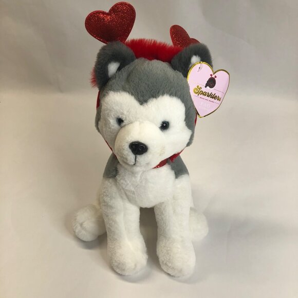 FAO Schwarz 12" Sparkles Plush Husky with Red Heart Boppers New with Tags - Picture 1 of 13